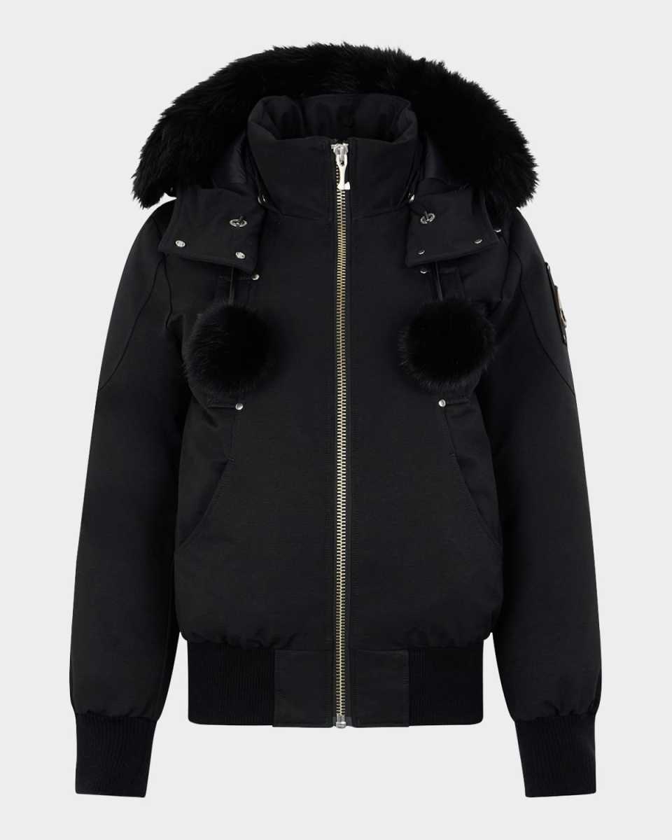 Debbie Bomber Jacket with Detachable Hood, Shearling Trim, & Pom Poms